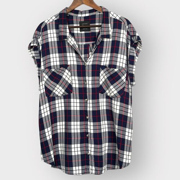 JACHS Girlfriend Button Up Top Women Size XXL Navy Red Plaid Cap Sleeve Pockets - Picture 1 of 11